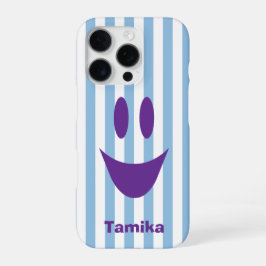 Luchtblauwe Strepen Schattig Paars Smiley iPhone 16 Pro Hoesje