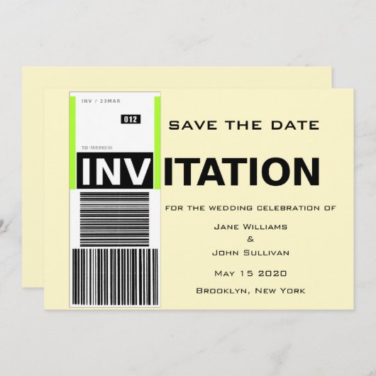 Luchthavenbagageclaimthema Weddenschap sparen datu Save The Date (Voorkant / Achterkant)