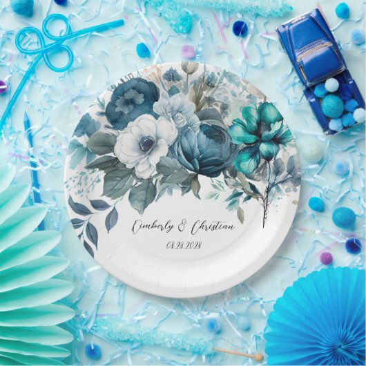 Luchtig blauw en Blauwgroen pioen rustieke bruilof Papieren Bordje (Feest)