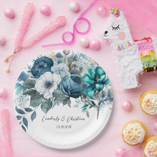 Luchtig blauw en Blauwgroen pioen rustieke bruilof Papieren Bordje (Feest)