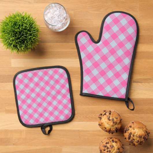"Luchtig Blauw, Heet Roze" Gingham Ovenwant & Pannenlap Set (Top down)