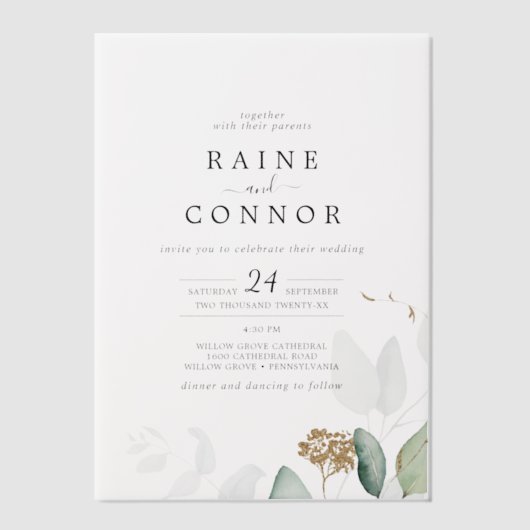 Luchtig groen bladgoud elegante bruiloft vellum uitnodigingen (Voorkant)