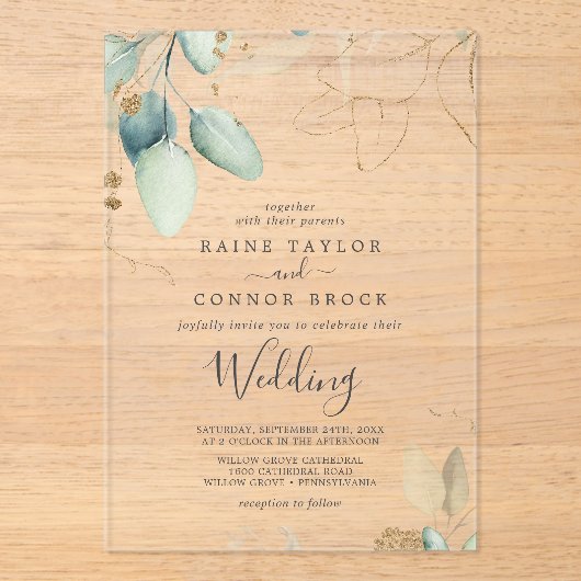 Luchtig groen bladgoud elegante eucalyptus bruilof acryl uitnodigingen (Voorkant)