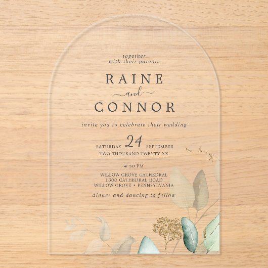 Luchtig groen Gold Leaf Arch Elegante bruiloft Acryl Uitnodigingen (Voorkant)