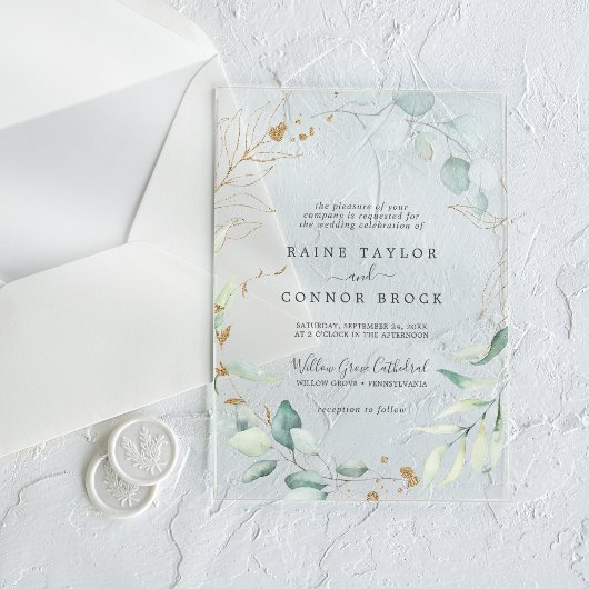 Luchtig groen Gold Leaf Botanische moderne bruilof Acryl Uitnodigingen