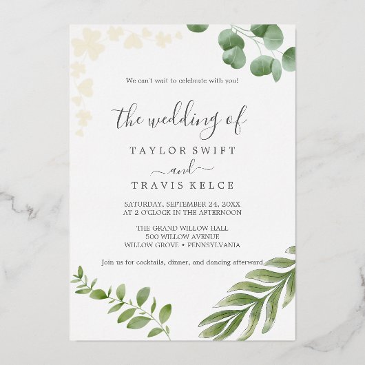 luchtig groen | Gouden geperste Blad Bladbruiloft Folie Uitnodiging (Voorkant)