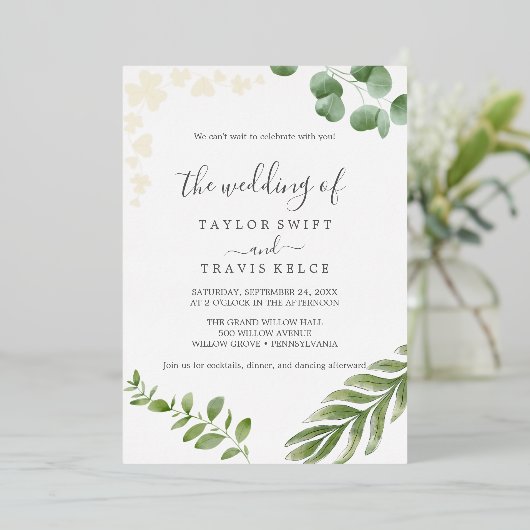 luchtig groen | Gouden geperste Blad Bladbruiloft Folie Uitnodiging (Staand Voorkant)