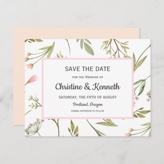 Luchtig roze weide bloem Bruiloft Save the date RSVP Kaartje (Voorkant / Achterkant)