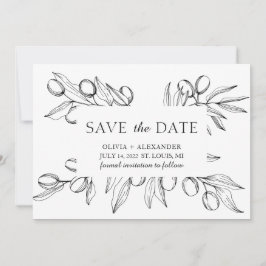 Luchtige bladeren olijven. Botanische zomer bruilo Save The Date