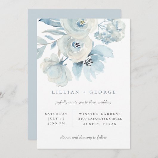 Luchtige Blauwe Bloemstuk Bruiloftsinvitation Aankondiging (Voorkant / Achterkant)