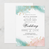 Luchtige Blauwgroen Coral Flourish Wedding Kaart (Voorkant / Achterkant)