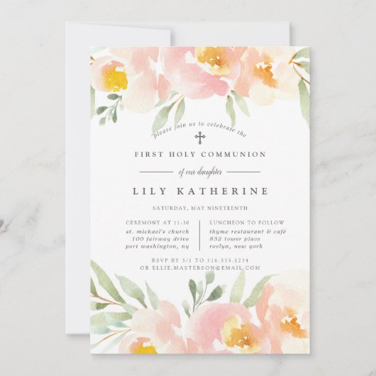 Luchtige Bloemen Eerste Heilige Communie Uitnodigi Kaart (Voorkant)