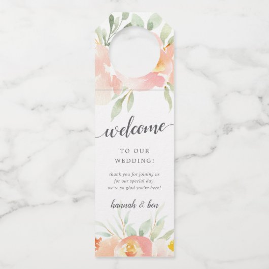 Luchtige Bloemen Huwelijk Welkom Flessenhanger (Voorkant)