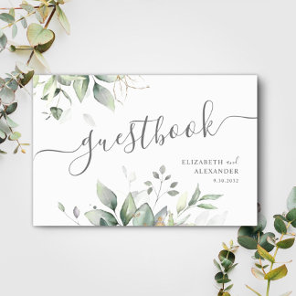 Luchtige eucalyptus en gouden groen bruiloft gastenboek