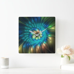 Luchtige Fantasie Bloem, Kleurrijke Abstracte Frac Vierkante Klok
