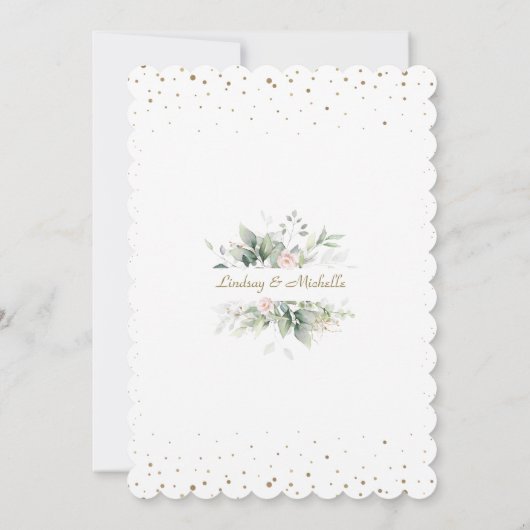 Luchtige groene bloemen gouden kruis tweeling doop kaart (Achterkant)