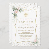 Luchtige groene bloemen gouden kruis tweeling doop kaart (Voorkant / Achterkant)