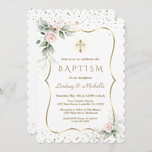 Luchtige groene bloemen gouden kruis tweeling doop kaart (Voorkant / Achterkant)