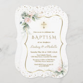Luchtige groene bloemen gouden kruis tweeling doop kaart (Voorkant / Achterkant)