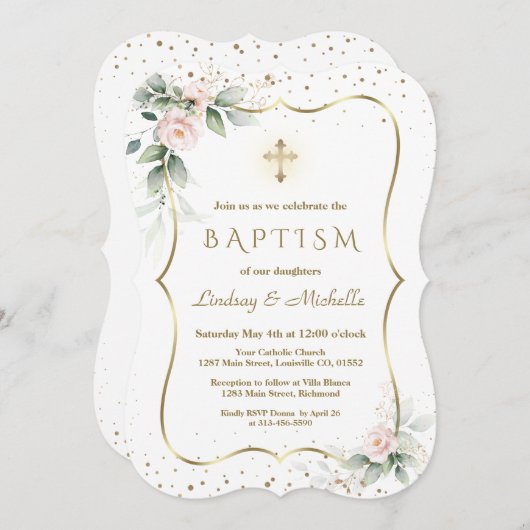 Luchtige groene bloemen gouden kruis tweeling doop kaart (Voorkant / Achterkant)