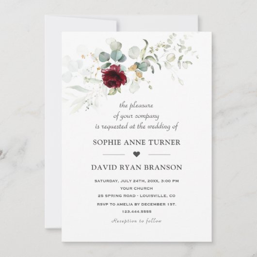 Luchtige groene Bourgondië bloem goud bruiloft Kaart (Voorkant)