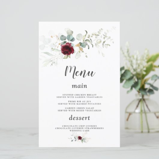 Luchtige groene Bourgondië bloem gouden trouwmenu (Staand voorkant)