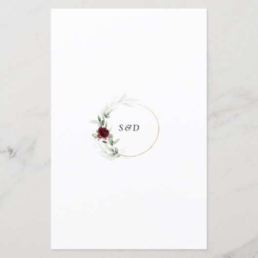 Luchtige groene Bourgondië bloem gouden trouwmenu (Achterkant)