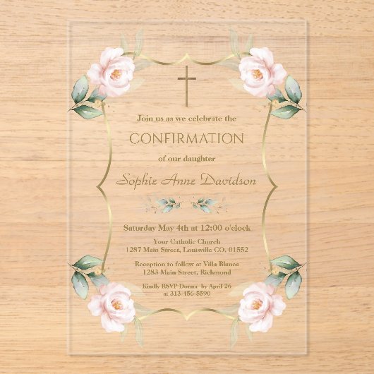 Luchtige groene charmante roze bloem bevestiging acryl uitnodigingen (Voorkant)