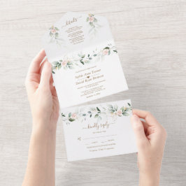 Luchtige groene goud roze blozende bloemen bruilof all in one uitnodiging