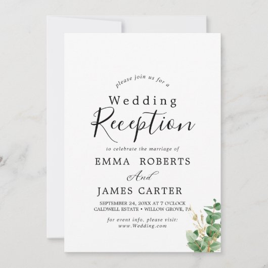 Luchtige groene & gouden blad bruiloftsreceptie kaart (Voorkant)