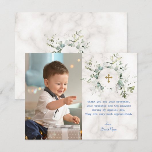 Luchtige groene marmeren foto jongen goud doopsel  bedankkaart (Voorkant / Achterkant)