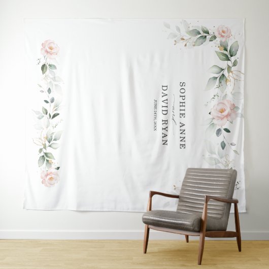 Luchtige groene roze bloemengoud trouwfoto prop  wandkleed (In Situ (horizontaal))