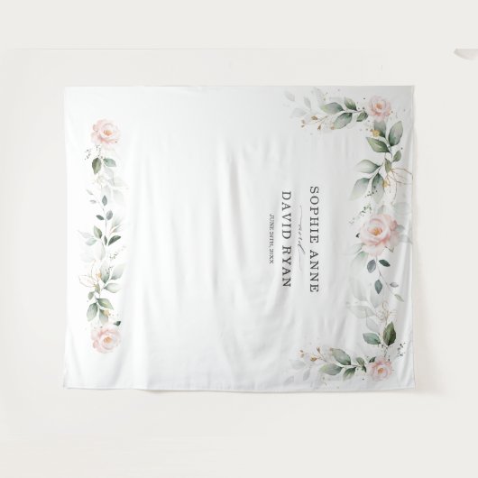 Luchtige groene roze bloemengoud trouwfoto prop  wandkleed (Voorkant (horizontaal))