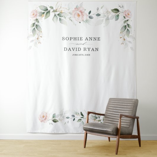 Luchtige groene roze bloemengoud trouwfoto prop  wandkleed (In situ)