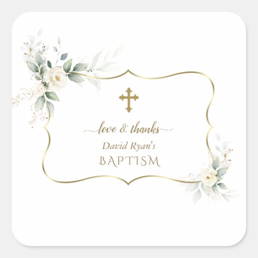 Luchtige groene witte bloemen jongensdoop vierkante sticker (Voorkant)