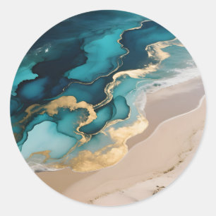 Luchtige Oceaan Hars Golven Turquoise Goud Kust Ronde Sticker