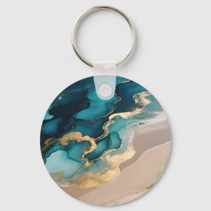 Luchtige Oceaan Hars Golven Turquoise Goud Kust Sleutelhanger