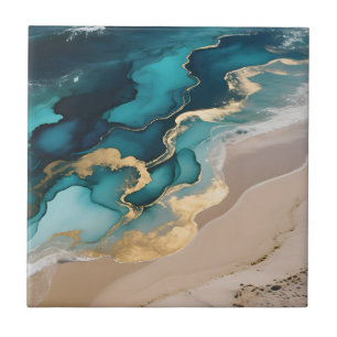 Luchtige Oceaan Hars Golven Turquoise Goud Kust Tegeltje