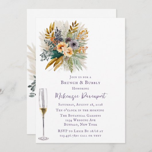 Luchtige Paarse en gouden pioen brunch en bubbel Kaart (Voorkant / Achterkant)