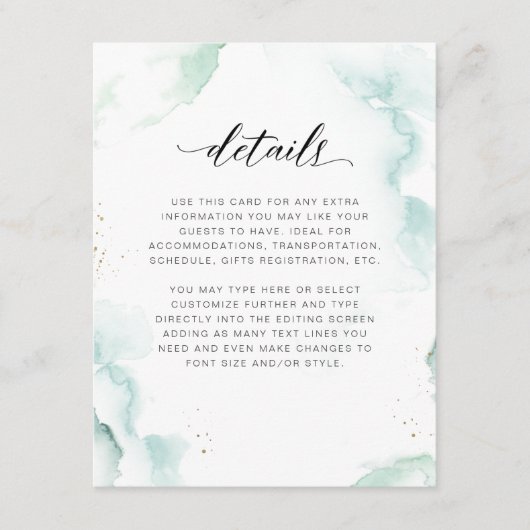 Luchtige Turquoise, Blauwe en Groene Waterverf Det Informatiekaartje (Voorkant)