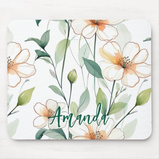 Luchtige Witte Bloemen Groene Patroon Bloei Bloems Muismat (Voorkant)