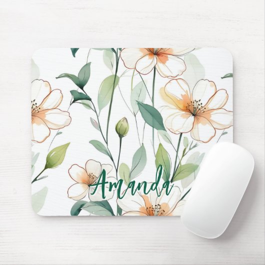 Luchtige Witte Bloemen Groene Patroon Bloesem Bloe Muismat (Met muis)
