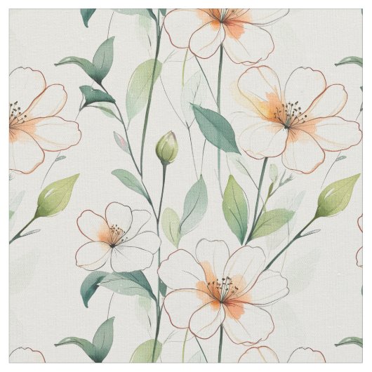 Luchtige Witte Bloemen Groene Patroon Bloesem Bloe Stof (Close Up)