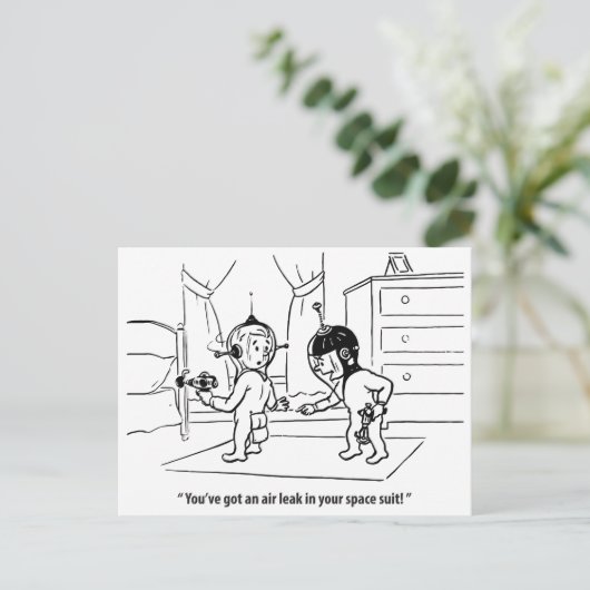 Luchtlek in ruimtepak, humoristisch, briefkaart (Staand voorkant)