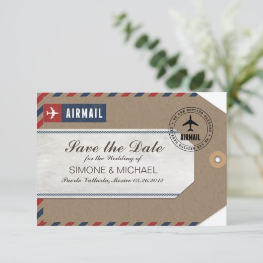 Luchtpost Bagage Label Bruiloft Bewaar Datum Kraft Save The Date (Staand voorkant)