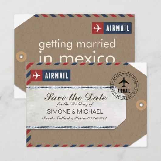 Luchtpost Bagage Label Bruiloft Bewaar Datum Kraft Save The Date (Voorkant / Achterkant)