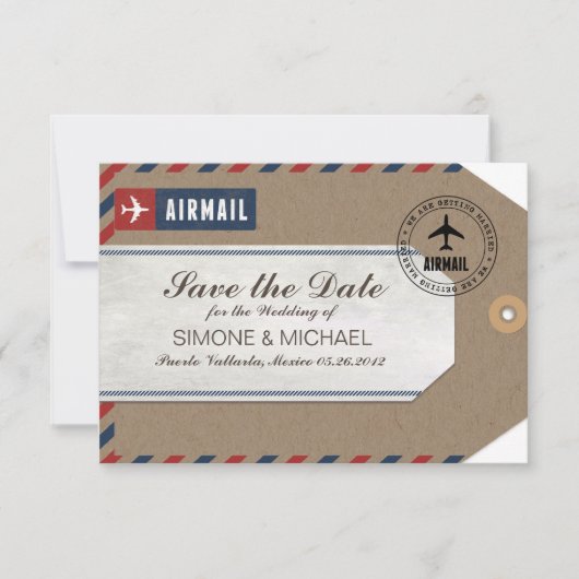Luchtpost Bagage Label Huwelijk Opslagdatum Kraft Save The Date (Voorkant)