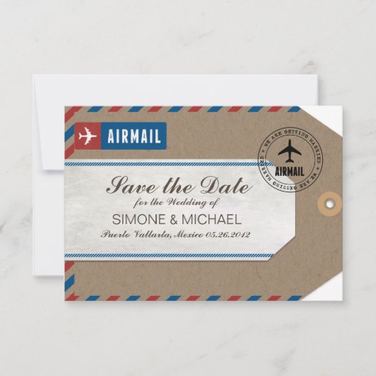 Luchtpost Bagage Label Huwelijk Opslagdatum Kraft Save The Date (Voorkant)