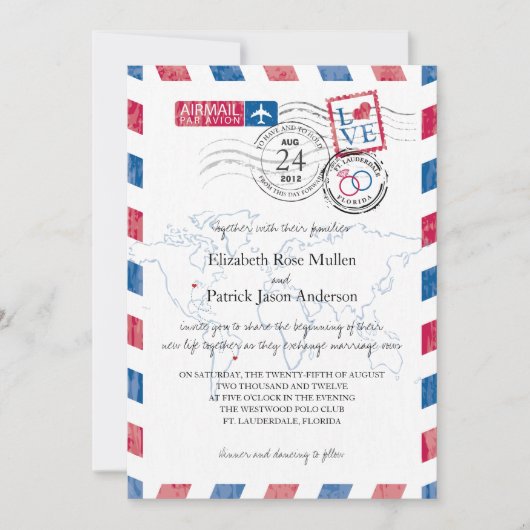 Luchtpost locatie bruiloft uitnodiging (Voorkant)