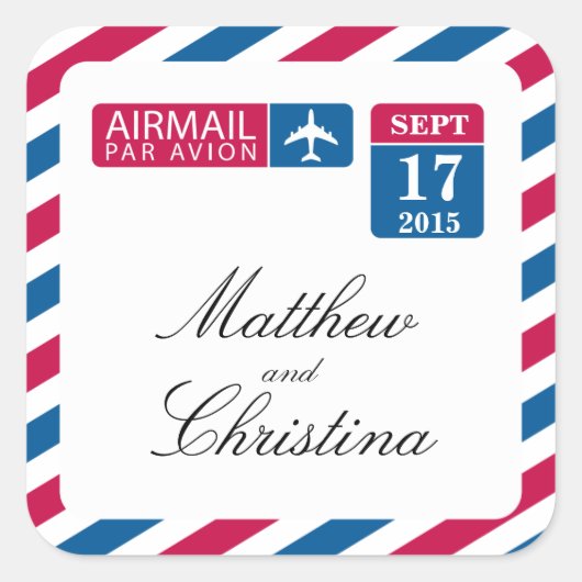 luchtpostbruiloft vierkante sticker (Voorkant)